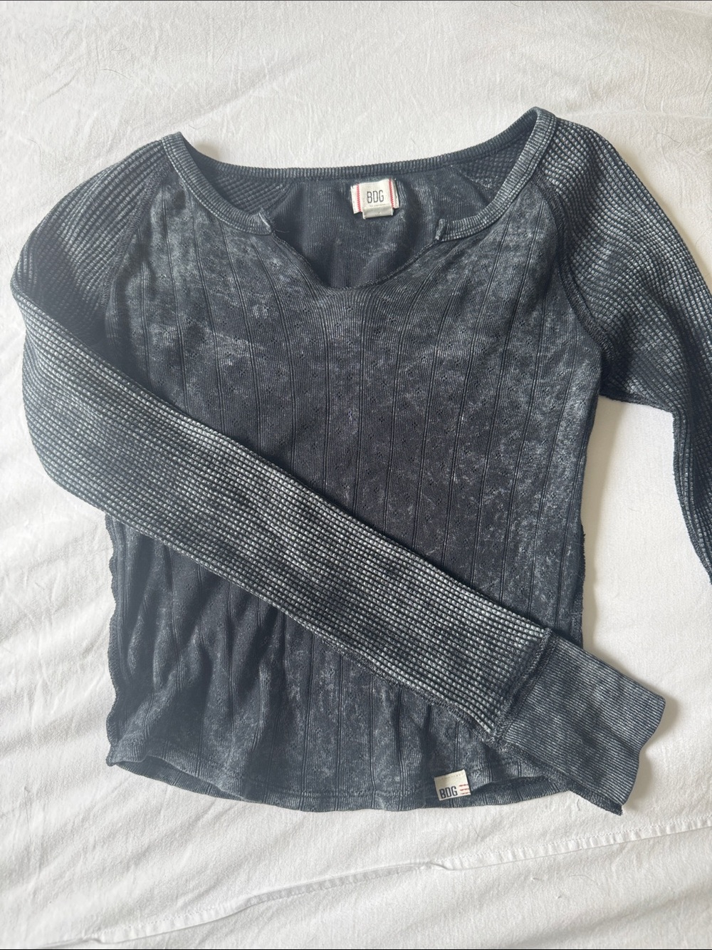 BDG Washed Black Thermal Long Sleeve Waffle Top